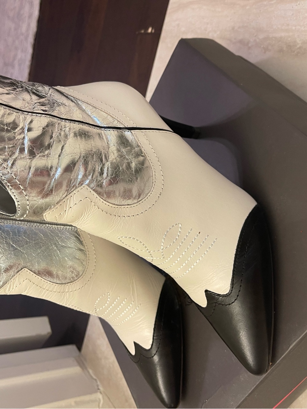 Vince Camuto White, Black & Silver Pointed Western Ankle Boots